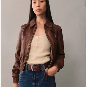 Mango MNG $240 Brown 100% Leather Jacket bomber coat women's medium NWT